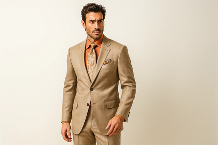 Men's Two Button Dark Tan ~ Beige Texture Sharkskin Coffee Cheap Priced Business Suits Clearance Sale