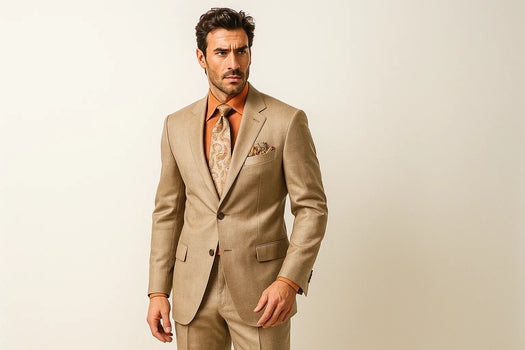 Men's Two Button Dark Tan ~ Beige Texture Sharkskin Coffee Cheap Priced Business Suits Clearance Sale - Image 2