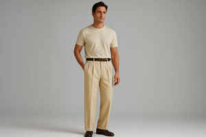 Tan ~ Beige Wide Leg Dress Pants Pleated Baggy Dress Trousers Unhemmed Unfinished Bottom - Dress Slacks For Men On Sale