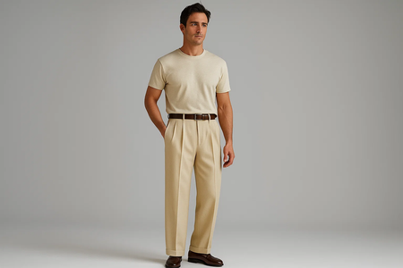 Tan ~ Beige Wide Leg Dress Pants Pleated Baggy Dress Trousers Unhemmed Unfinished Bottom - Cheap Priced Dress Slacks For Men On Sale