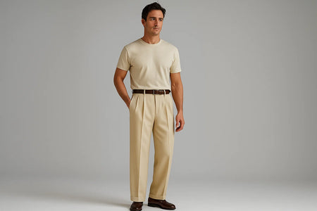 Tan ~ Beige Wide Leg Dress Pants Pleated Baggy Dress Trousers Unhemmed Unfinished Bottom - Cheap Priced Dress Slacks For Men On Sale