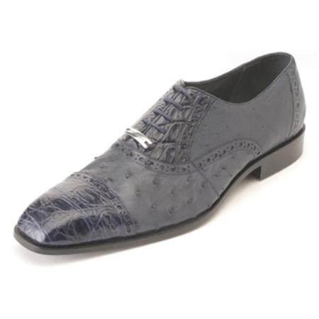 Authentic Genuine Skin Italian Men's Navy Ostrich & Crocodile ~ World Best Alligator Shoe ~ Gator Skin Mens Ostrich Skin Shoe