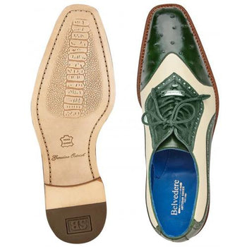 Belvedere Sesto Forest Green & Cream Genuine Ostrich Quill Italian Calf Wingtip Shoes - Image 8