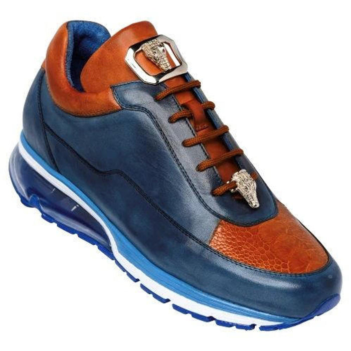 Belvedere Blue Italian Calfskin Tan Ostrich Sneakers Flash
