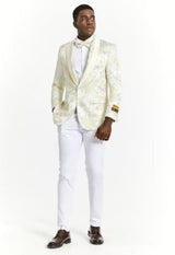 Big And Tall Tuxedo Paisley Tuxedo Sparkling Blazer - Ivory Floral Sport Coat