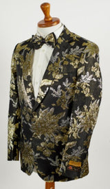 Big and Tall Tuxedo Jacket - Black ~ Gold Paisley Floral Blazer