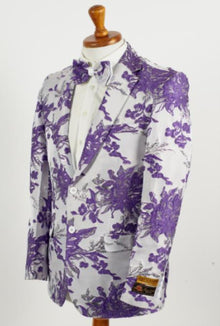 Big and Tall Tuxedo Jacket - Purple ~ White Paisley Floral Blazer