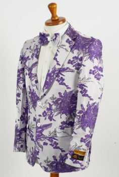Big and Tall Tuxedo Jacket - Purple ~ White Paisley Floral Blazer