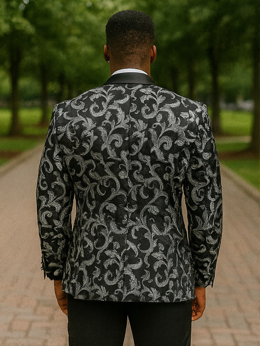Big And Tall Tuxedo Paisley Tuxedo Sparkling Blazer - Black and White Floral Sport Coat