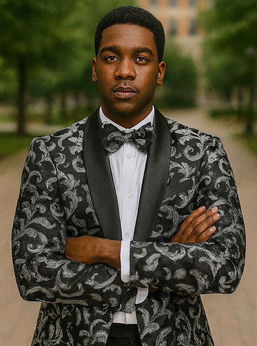 Big And Tall Tuxedo Paisley Tuxedo Sparkling Blazer - Black and White Floral Sport Coat