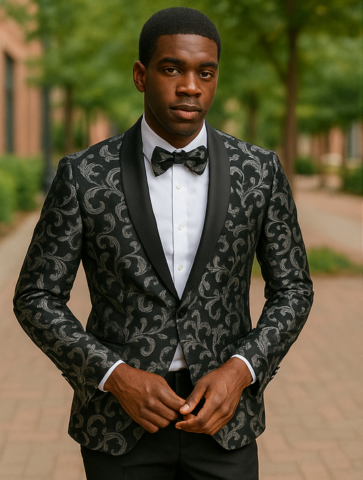 Big And Tall Tuxedo Paisley Tuxedo Sparkling Blazer - Black and White Floral Sport Coat