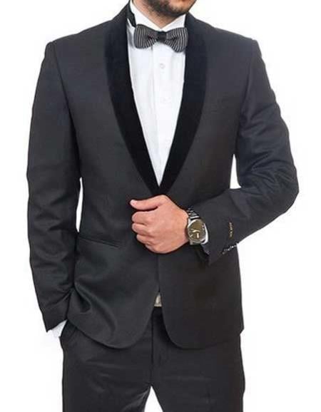Men's Black Slim Fit 1 Button Shawl Velvet Lapel Tuxedo Suit Slim Fit Black Tuxedo - Skinny Fit Tuxedo