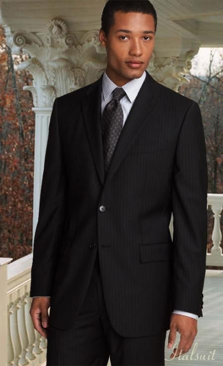 Black 2pc Two Buttons Side Vented Pinstripe Suit Classic Relax Fit Pleated Pants 19 Inch Bottom