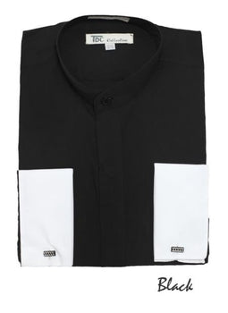 Fashion Hidden Buttons French Cuff Mandarin Collarless Dress Shirts Preacher Round Style Black Men's Dress Shirt