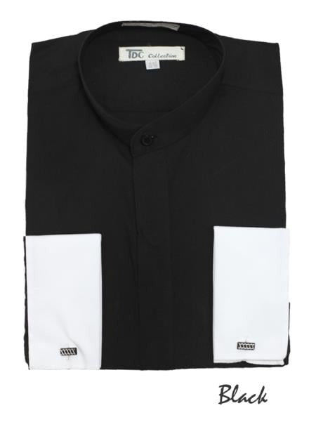 Fashion Hidden Buttons French Cuff Mandarin Collarless Dress Shirts Preacher Round Style Black Men's Dress Shirt