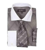 Mini Plaid/Checks French Cuff Black With Tie And Handkerchief White Collar Two Toned Contrast Men'S Dress Shirt