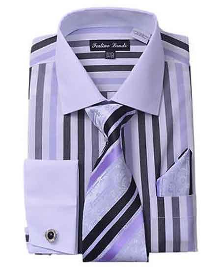 Classic Fit French Cuff Striped Black Shirt With Matching Tie And Hank MensUSA Classic Fit French Cuff Striped Black Shirt With Matching Tie And Hank MensUSA