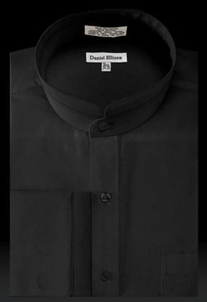 Solid Banded French Cuff Dress Mandarin Collarless Preacher Round Style Black Men Dress Shirt