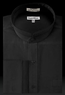 Solid Banded French Cuff Dress Mandarin Collarless Preacher Round Style Black Men Dress Shirt