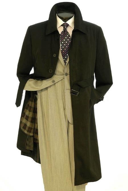 All Weather Men's Dress Coat Belted Rain Coat ~ Long full Maxi length Trench Coat Black Long Style
