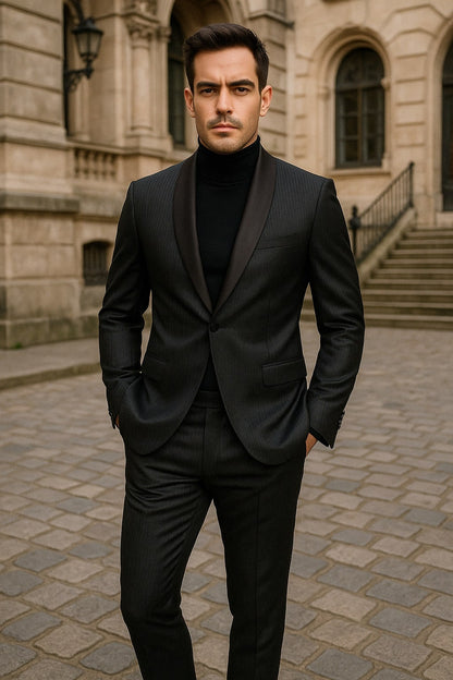 Mens Black Glitter Stripe Tuxedo with Satin Shawl Lapel – Slim Fit Formal Party Suit - Image 3