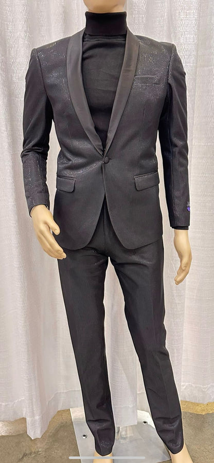 Mens Black Glitter Stripe Tuxedo with Satin Shawl Lapel – Slim Fit Formal Party Suit - Image 4