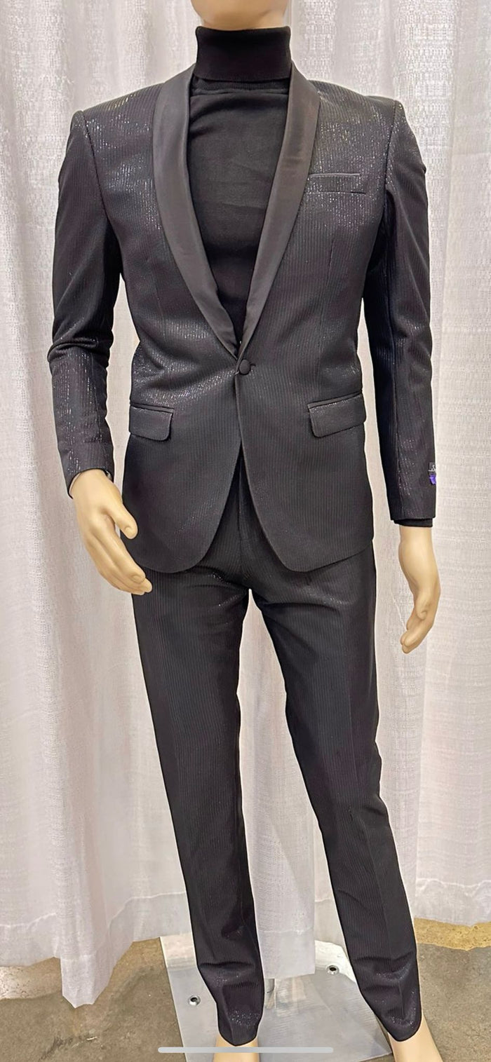 Mens Black Glitter Stripe Tuxedo with Satin Shawl Lapel – Slim Fit Formal Party Suit - Image 4