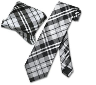 Black Gray White NeckTie & Handkerchief Matching Tie Set - Men's Neck Ties - Mens Dress Tie - Trendy Mens Ties
