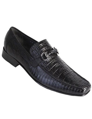 Los Altos Men's Stylish Black Genuine Caiman Belly And Lizard Classic Slip-On Dress Shoes