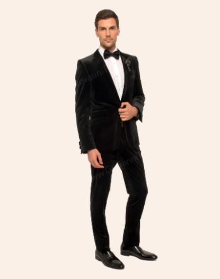 Black One Button Velvet Suit