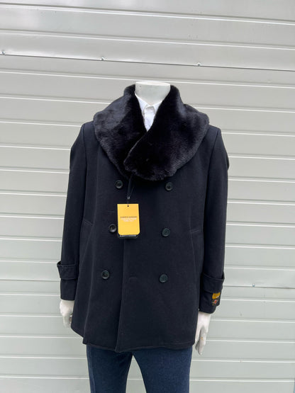 Mens Black Peacoat Wool Overcoat with Faux Fur Shawl Collar – Double-Breasted Winter Peacoat - Image 4