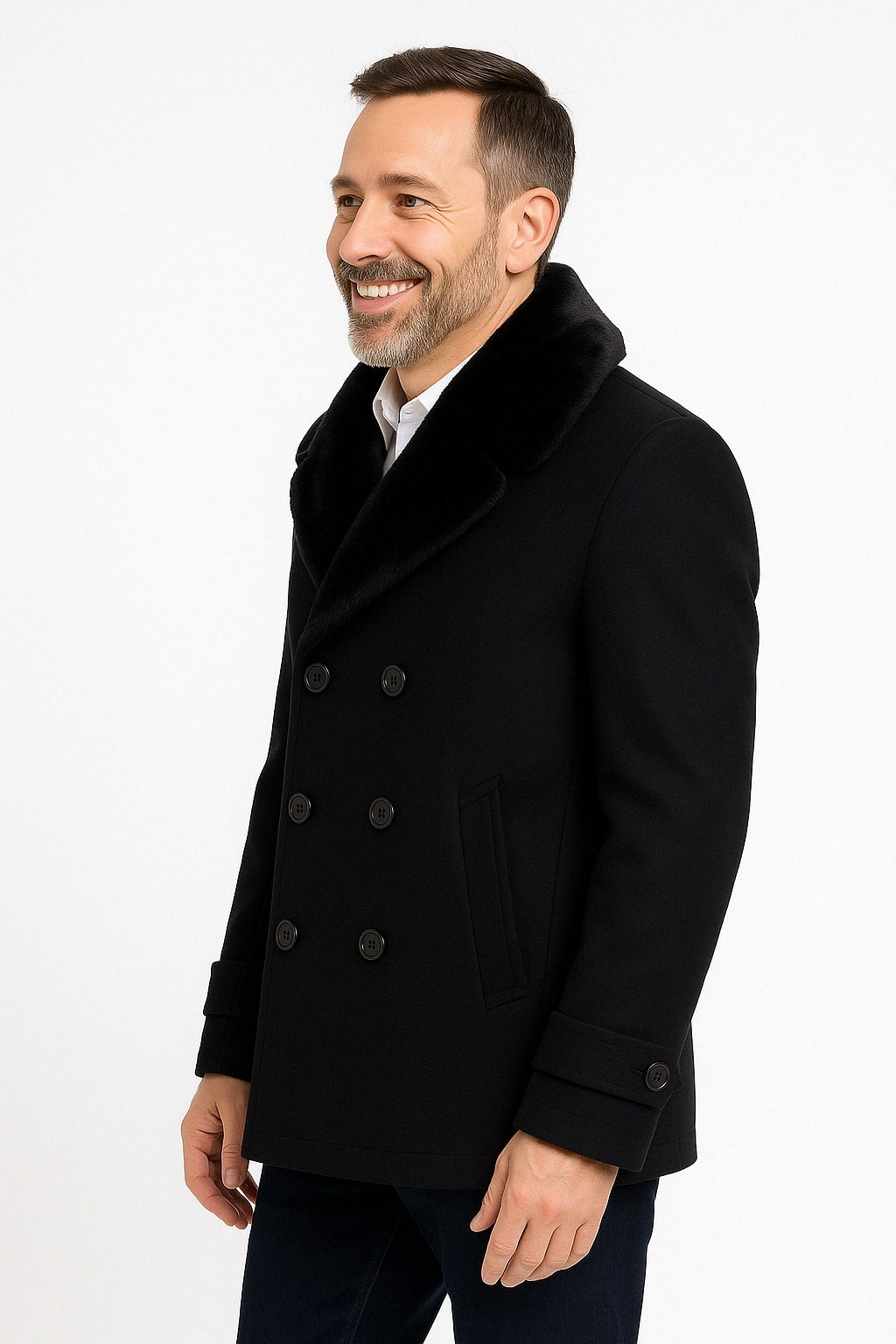 Mens Black Peacoat Wool Overcoat with Faux Fur Shawl Collar – Double-Breasted Winter Peacoat - Image 2