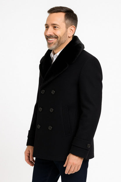 Mens Black Peacoat Wool Overcoat with Faux Fur Shawl Collar – Double-Breasted Winter Peacoat - Image 2