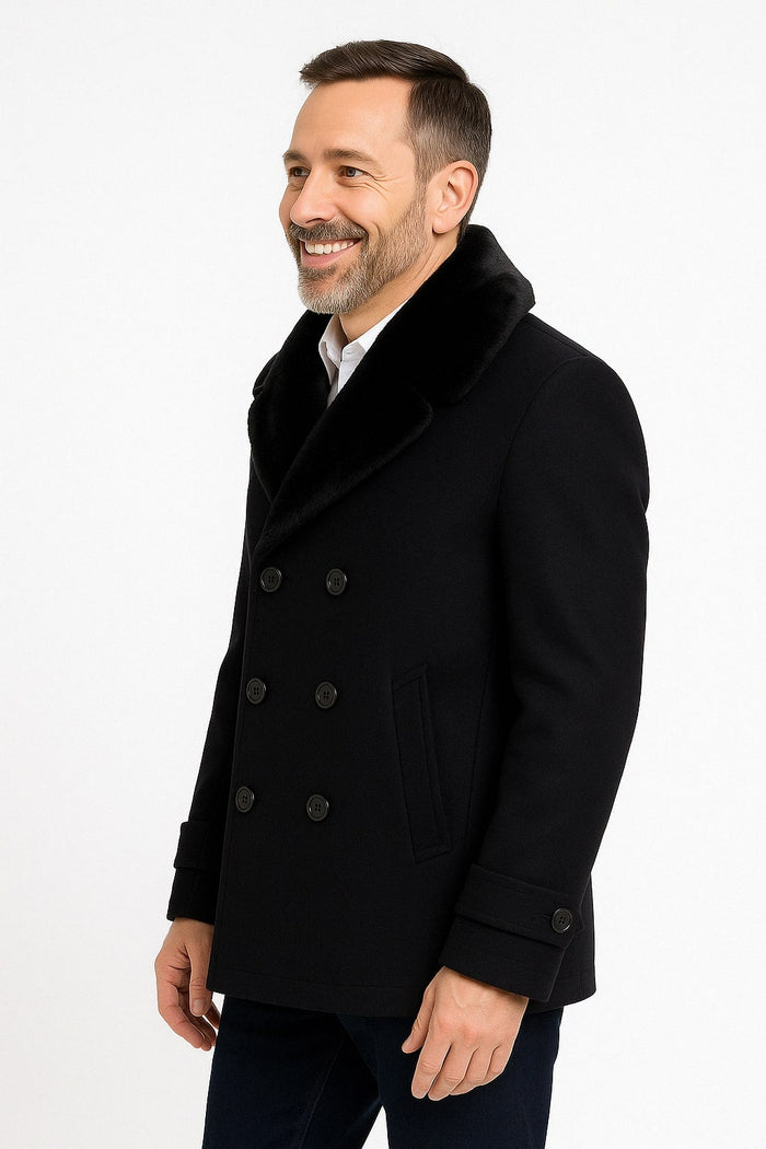 Mens Black Peacoat Wool Overcoat with Faux Fur Shawl Collar – Double-Breasted Winter Peacoat - Image 2