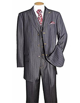 Men's Black Stripe ~ Pinstripe Peak Lapel Vested 3 Piece Cheap Priced Business Suits Clearance Sale - Men's Denim 2 piece Set pleated pants Denim look Ticket Pocket