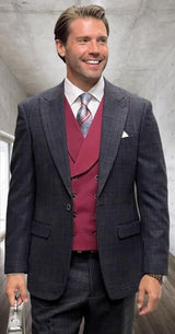 Black Plaid - Vested Suits - Statement Brand - Vested Suits Wool Suits - Suits With Double Breasted Vest - Windowpane Pattern - 100% Percent Wool Fabric Suit - Worsted Wool Business Suit