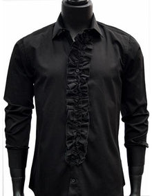 Men'S Classic Black Ruffled Dress 100% Cotton Casual Trendy Tuxedo Shirt