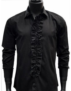 Men'S Classic Black Ruffled Dress 100% Cotton Casual Trendy Tuxedo Shirt