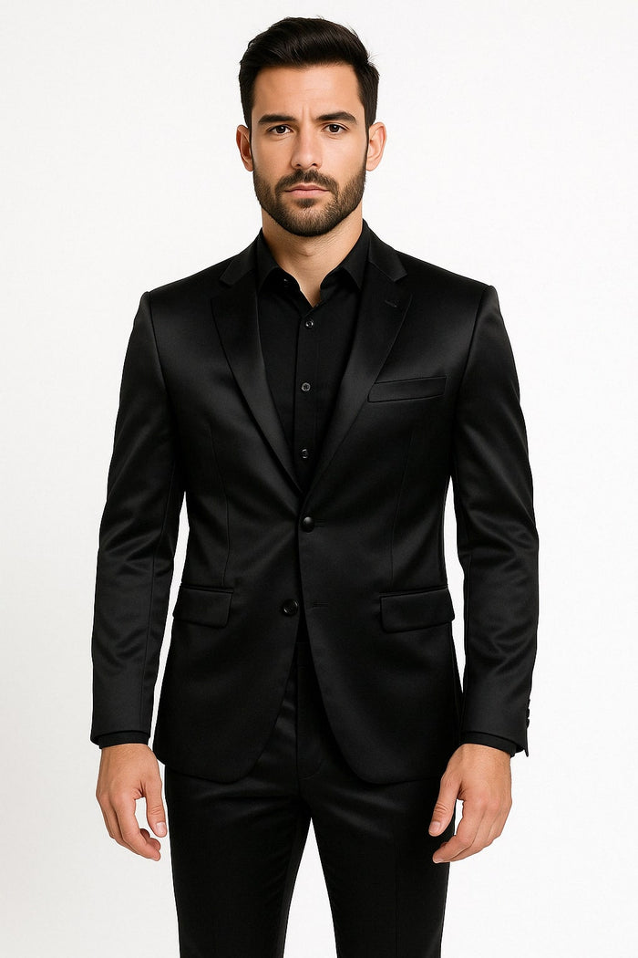 Black Satin Flex Two-Piece Suit – Slim Fit Sport Coat and Matching Pants