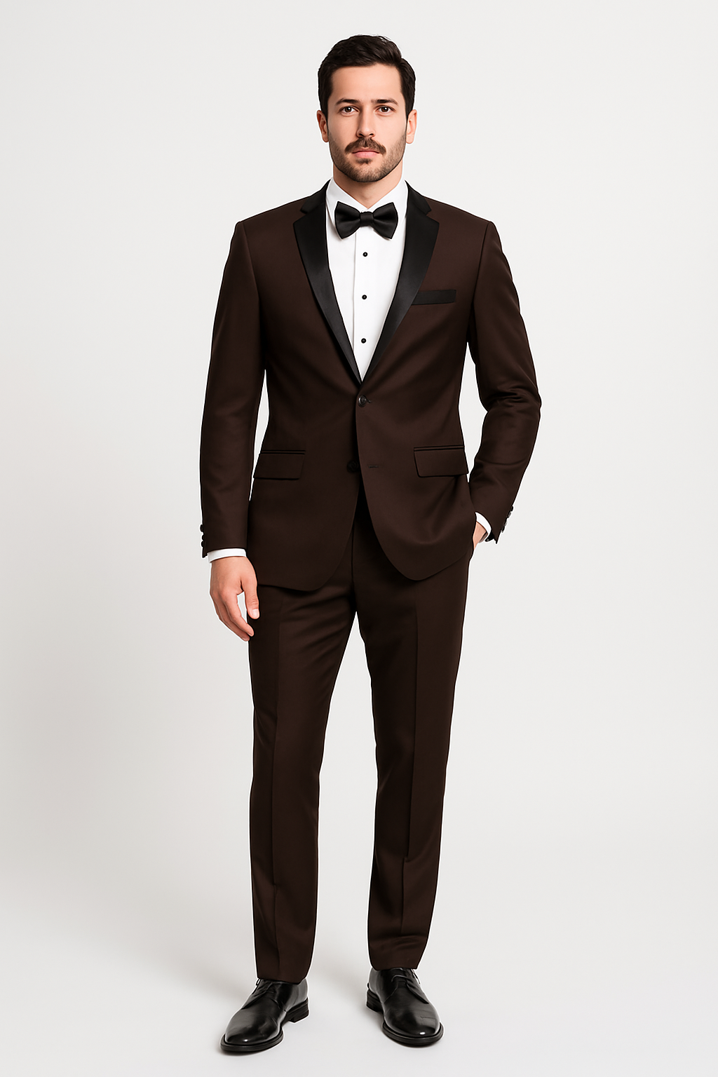 Mens Chocolate Brown Tuxedo with Black Satin Peak Lapel – Formal Wedding and Prom Suit - Image 3