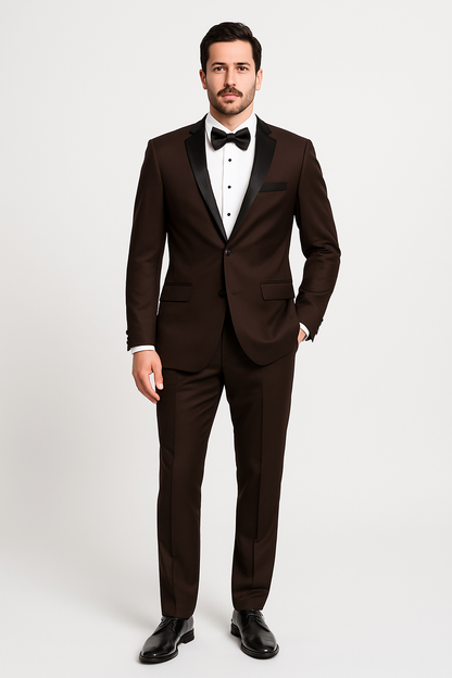 Mens Chocolate Brown Tuxedo with Black Satin Peak Lapel – Formal Wedding and Prom Suit - Image 3