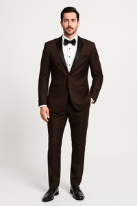 Mens Chocolate Brown Tuxedo with Black Satin Peak Lapel – Formal Wedding and Prom Suit