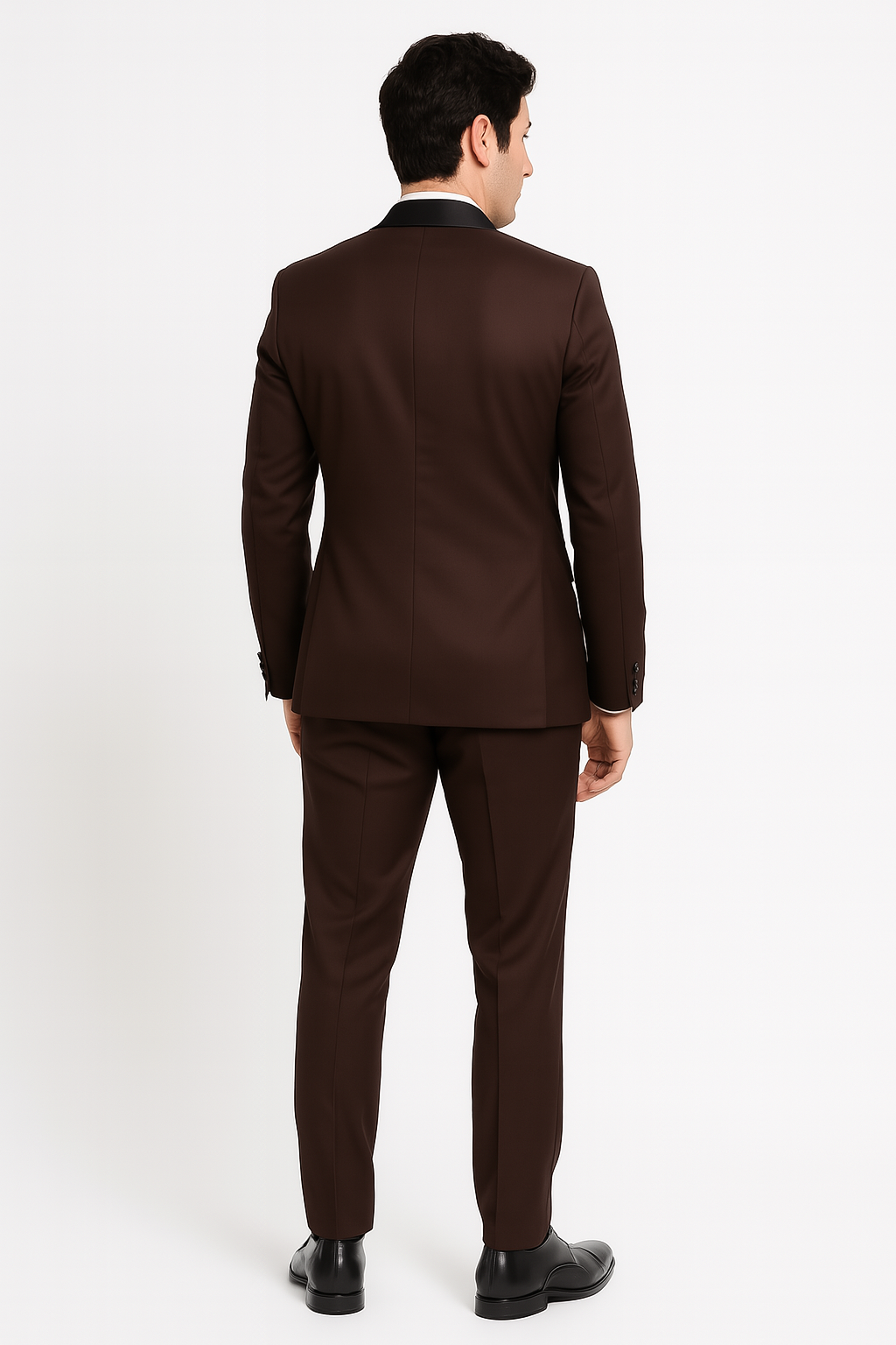 Mens Chocolate Brown Tuxedo with Black Satin Peak Lapel – Formal Wedding and Prom Suit - Image 2