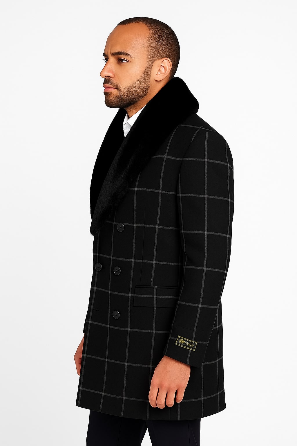 Mens Black Windowpane Wool Overcoat with Faux Fur Shawl Collar – Double-Breasted Long Coat - Image 2