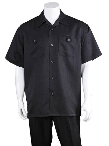 Men's Solid Black Casual Short Sleeve 100% Polyester Casual Two Piece Walking Outfit For Sale Pant Sets Suits
