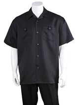 Men's Solid Black Casual Short Sleeve 100% Polyester Casual Two Piece Walking Outfit For Sale Pant Sets Suits