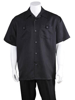 Men's Solid Black Casual Short Sleeve 100% Polyester Casual Two Piece Walking Outfit For Sale Pant Sets Suits