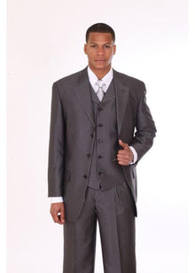 Men's 3 Piece 3 Button Stripe ~ Pinstripe Suit with Lapel Vest Black With Stripe - Three Piece Suit