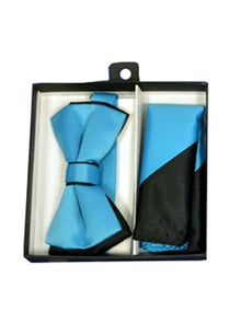 Men's Black/Turquoise Polyester Satin dual colors classic Bowtie with hankie - Men's Neck Ties - Mens Dress Tie - Trendy Mens Ties
