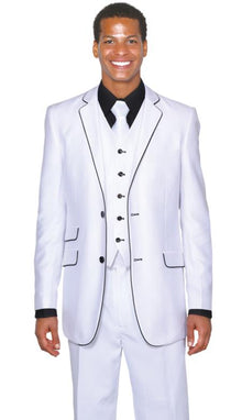 Black Lapel Two Toned Men'S 2 Button 3 Piece Church Suit White Tuxedo With Black Trim - Three Piece Suit
